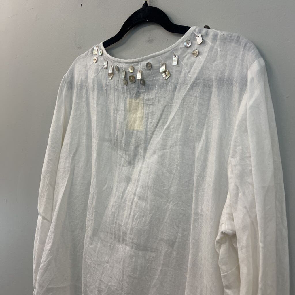 J Jill White 100% Linen Embellished Neckline Long Sleeve Top Medium