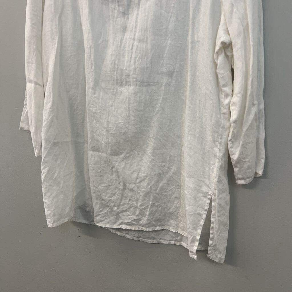 J Jill White 100% Linen Embellished Neckline Long Sleeve Top Medium