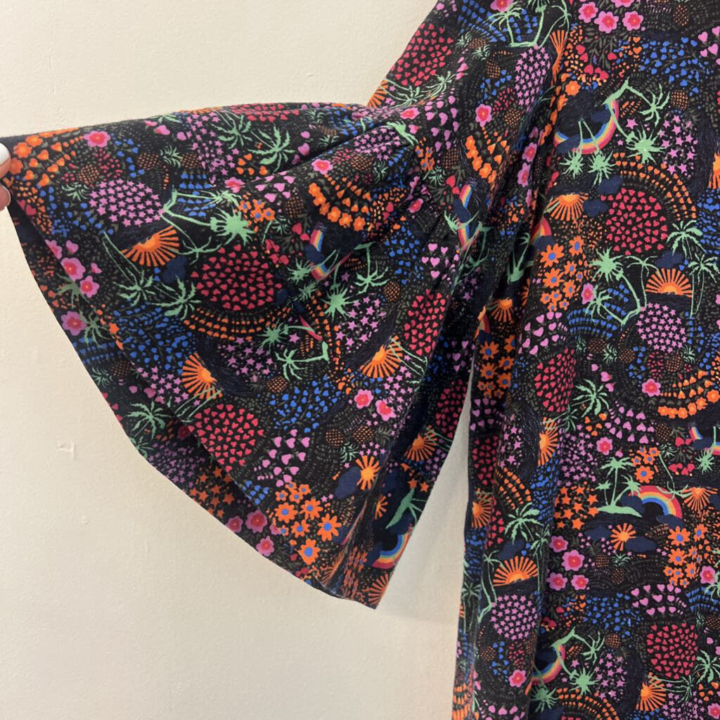 See By Chloe Black/ Multi Print Bell Sleeve Dress Medium