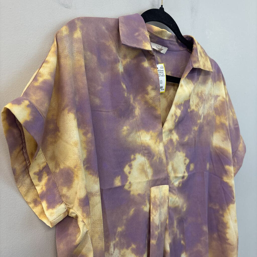 Easel Tie Dye Collared Short Sleeve Top Small