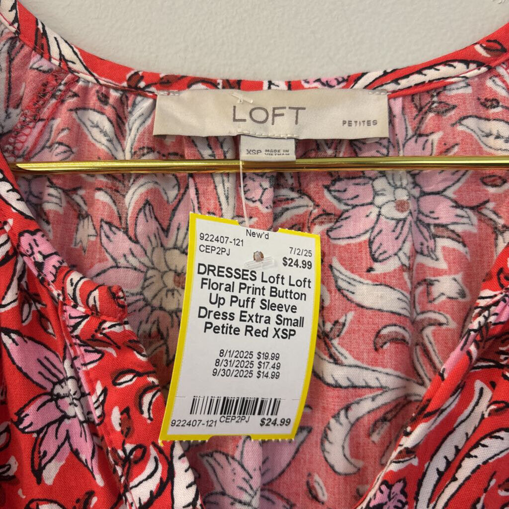 Loft Floral Print Button Up Puff Sleeve Dress Extra Small Petite