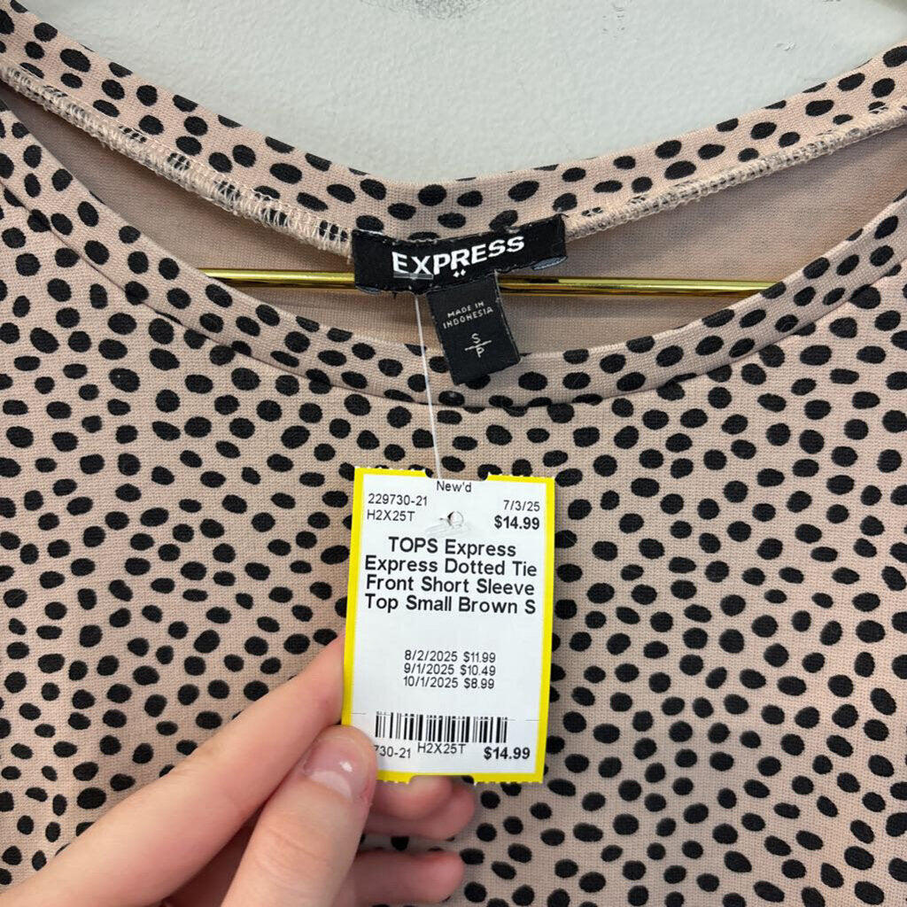 Express Dotted Tie Front Short Sleeve Top Small