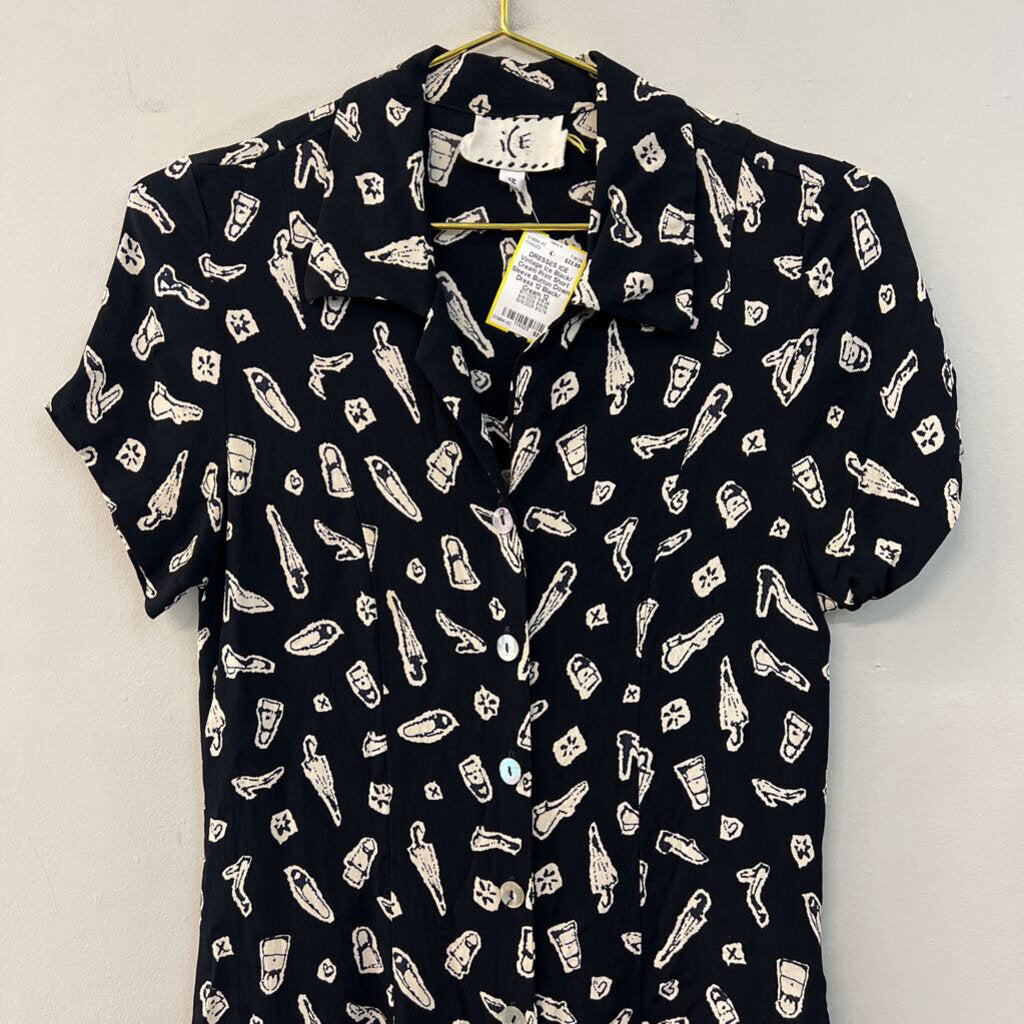 Vintage Ice Black/ Cream Print Short Sleeve Button Down Dress 12