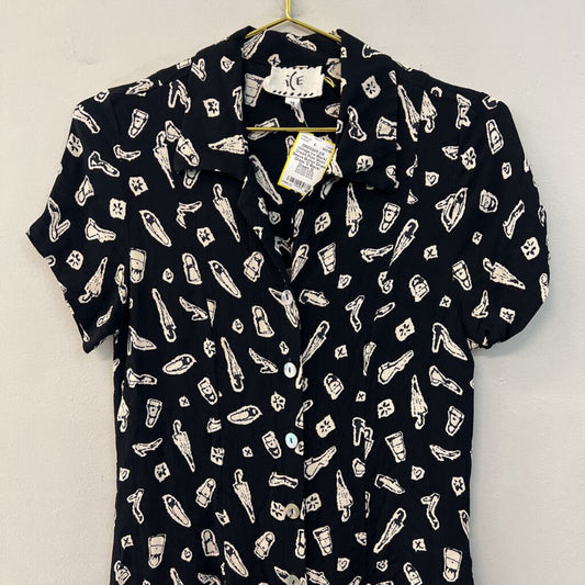 Vintage Ice Black/ Cream Print Short Sleeve Button Down Dress 12