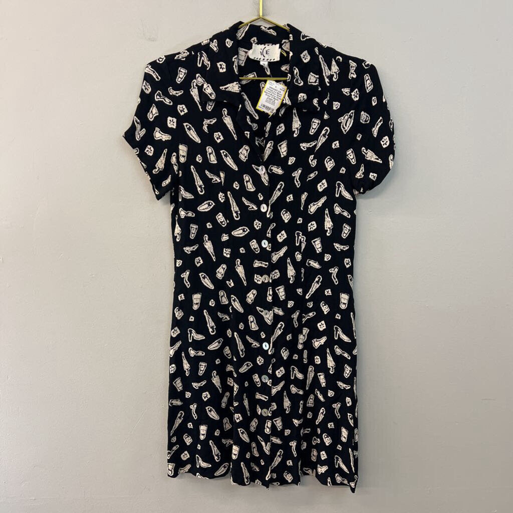 Vintage Ice Black/ Cream Print Short Sleeve Button Down Dress 12