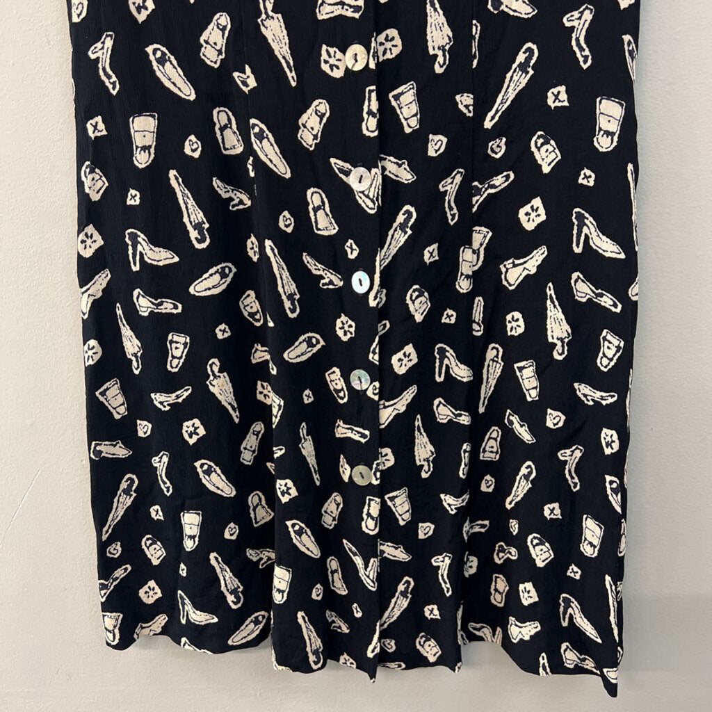 Vintage Ice Black/ Cream Print Short Sleeve Button Down Dress 12