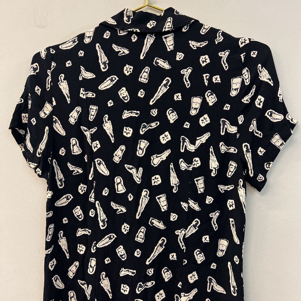 Vintage Ice Black/ Cream Print Short Sleeve Button Down Dress 12