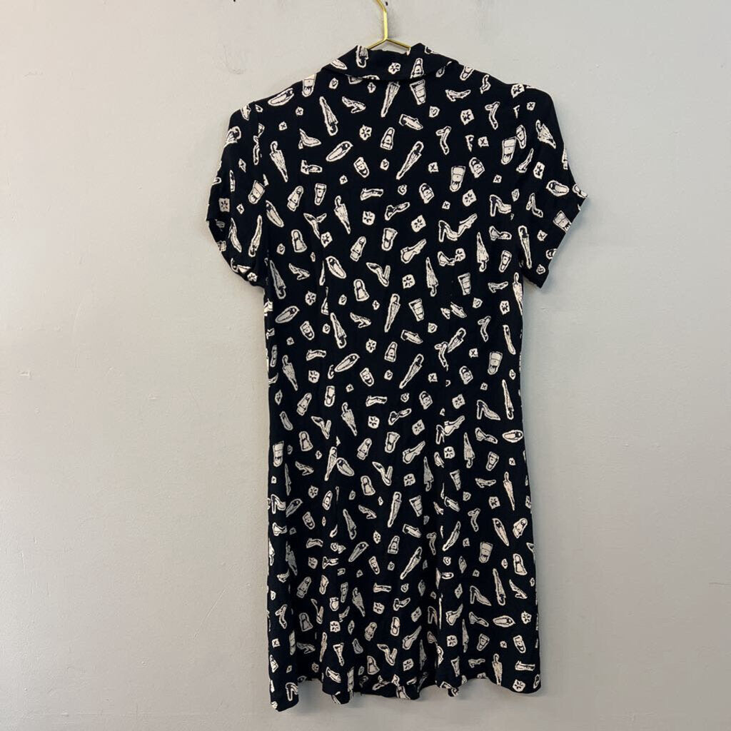 Vintage Ice Black/ Cream Print Short Sleeve Button Down Dress 12