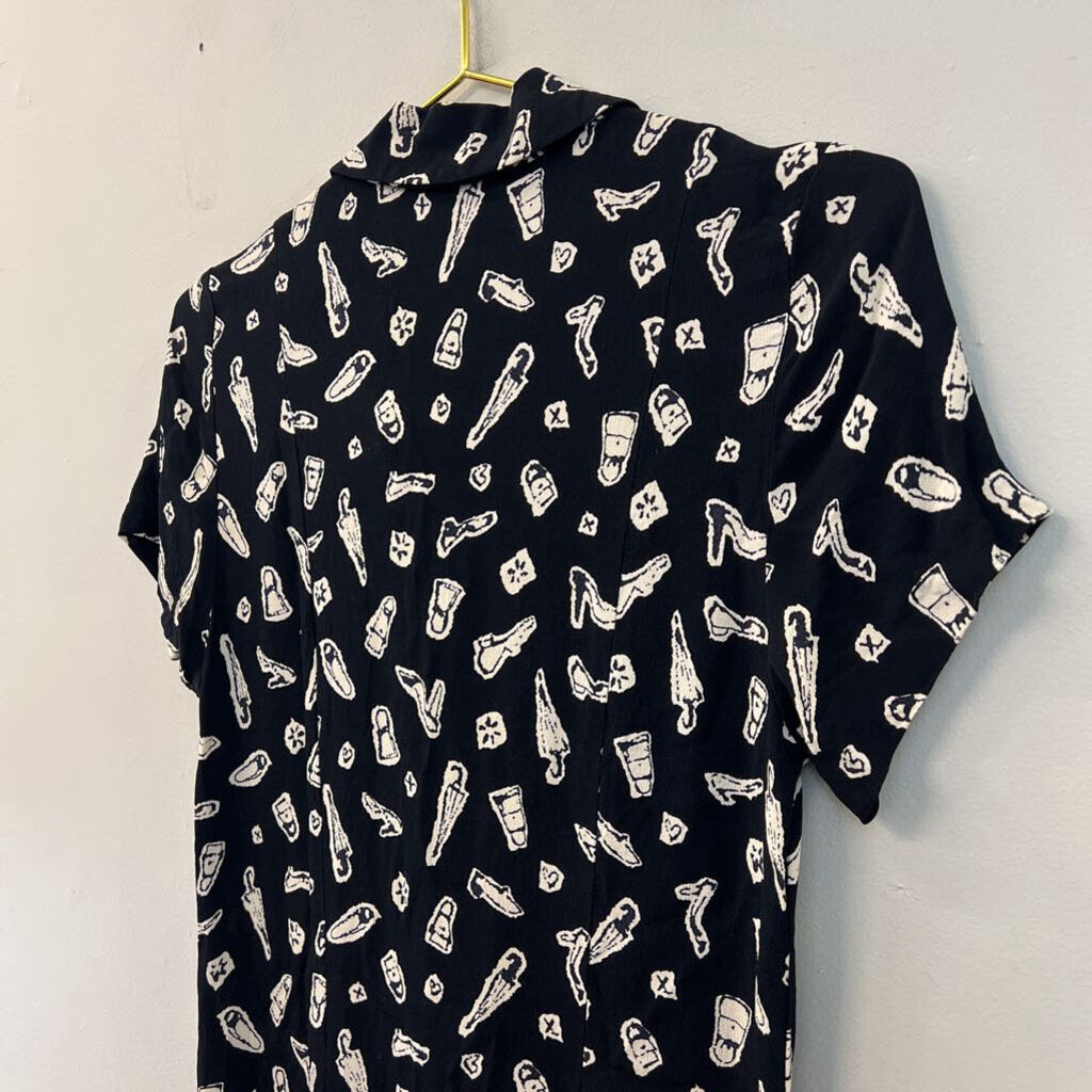 Vintage Ice Black/ Cream Print Short Sleeve Button Down Dress 12