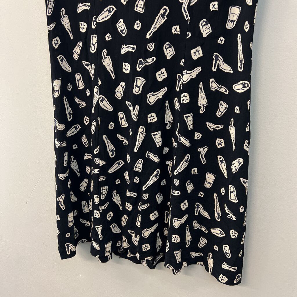 Vintage Ice Black/ Cream Print Short Sleeve Button Down Dress 12