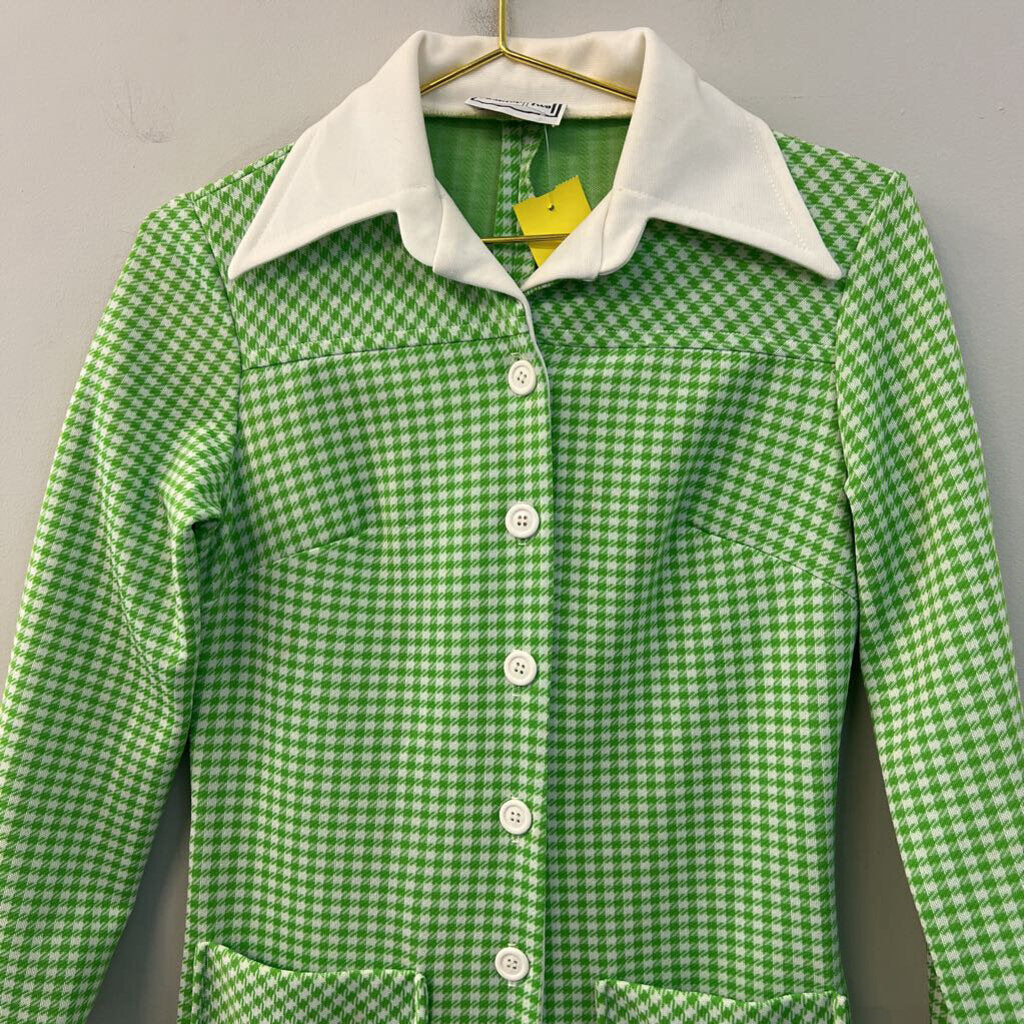 Vintage Chapter Two Green/ White Houndstooth Long Sleeve Jumpsuit Extra Small