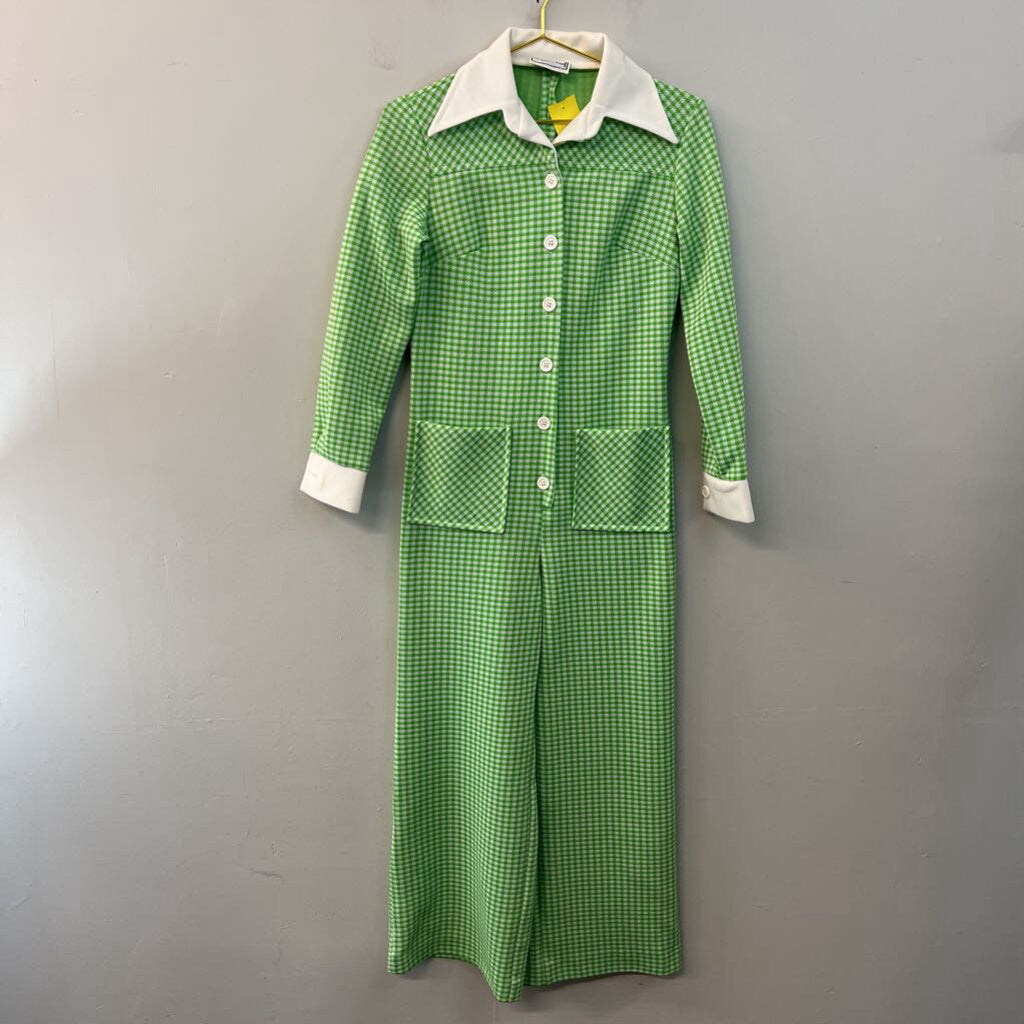 Vintage Chapter Two Green/ White Houndstooth Long Sleeve Jumpsuit Extra Small