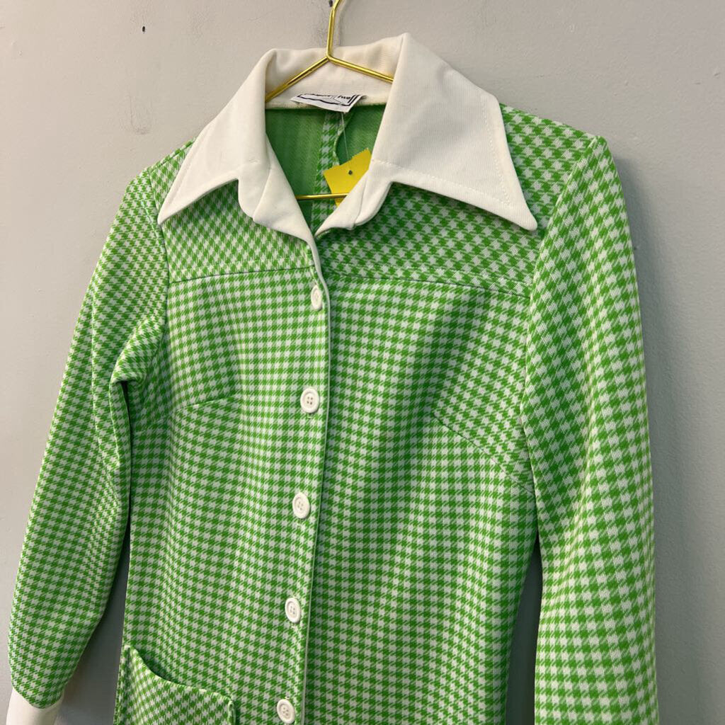 Vintage Chapter Two Green/ White Houndstooth Long Sleeve Jumpsuit Extra Small