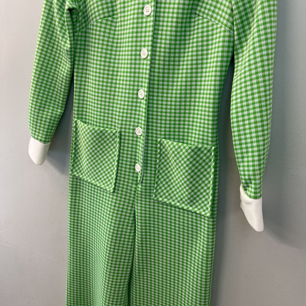 Vintage Chapter Two Green/ White Houndstooth Long Sleeve Jumpsuit Extra Small