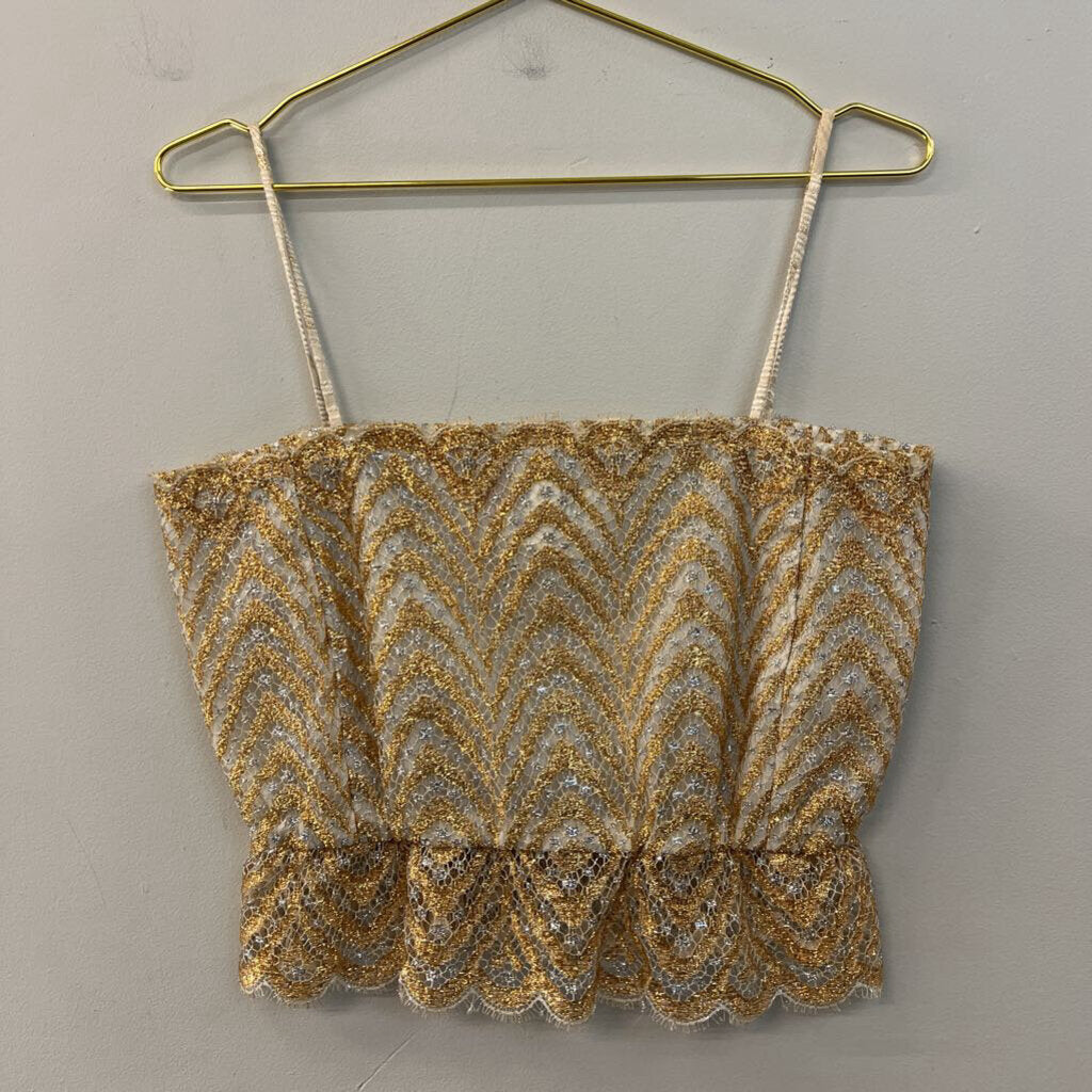 Vintage Giovanna Metallic Gold/ Silver Cropped Lace Top Small