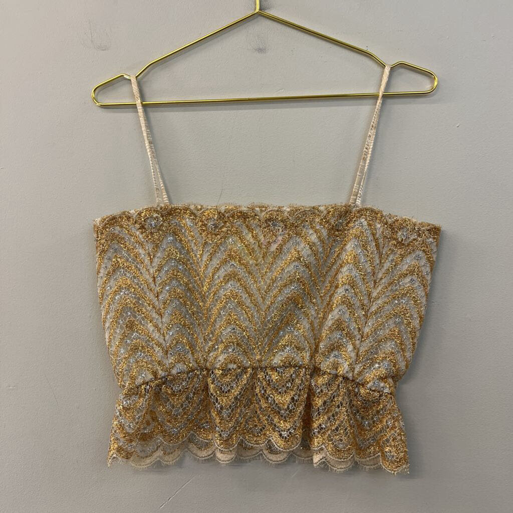 Vintage Giovanna Metallic Gold/ Silver Cropped Lace Top Small