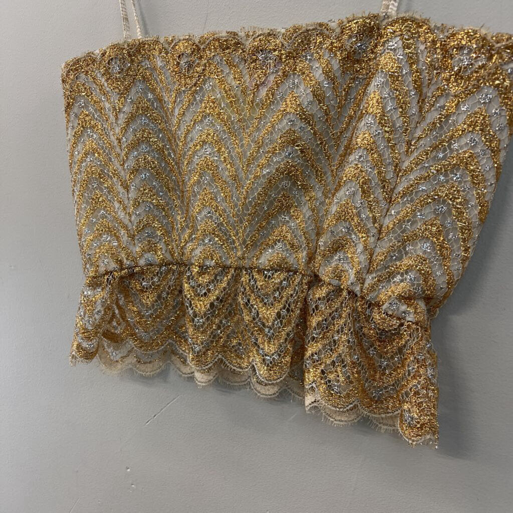 Vintage Giovanna Metallic Gold/ Silver Cropped Lace Top Small