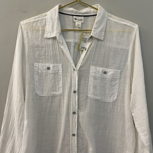 Stylus White 100% Cotton Long Sleeve Button Down Top Large