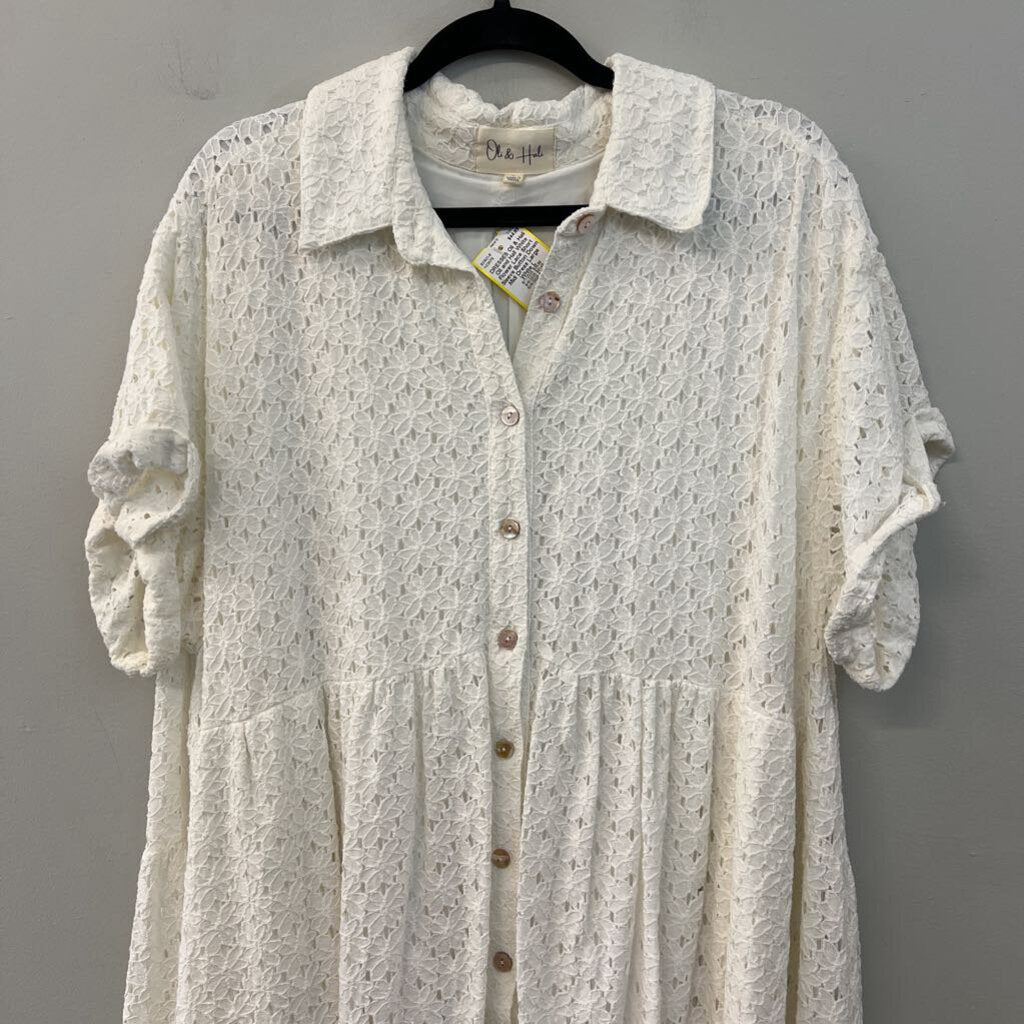 Oli and Hall White Flower Lace Short Sleeve Button Down Midi Dress Large
