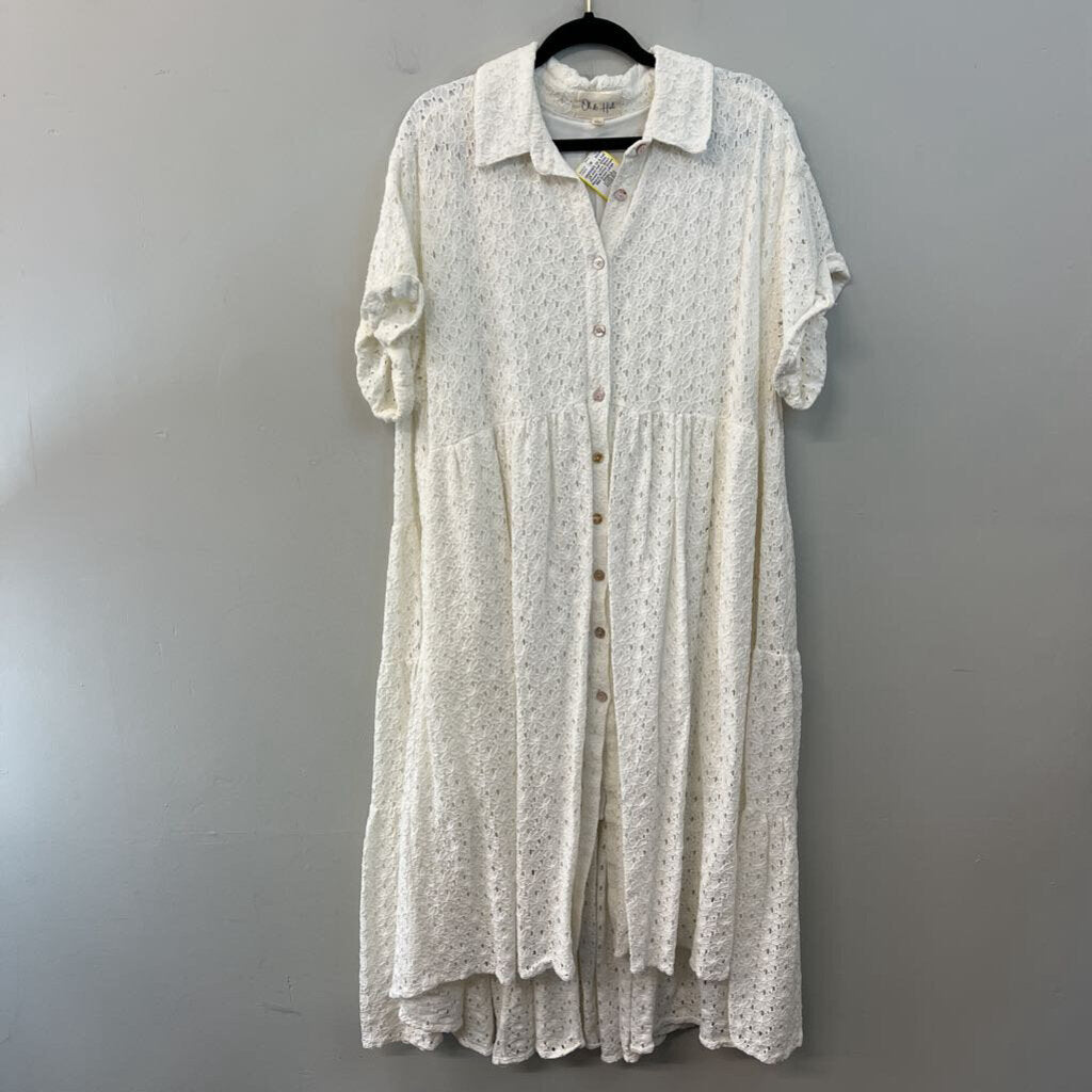 Oli and Hall White Flower Lace Short Sleeve Button Down Midi Dress Large