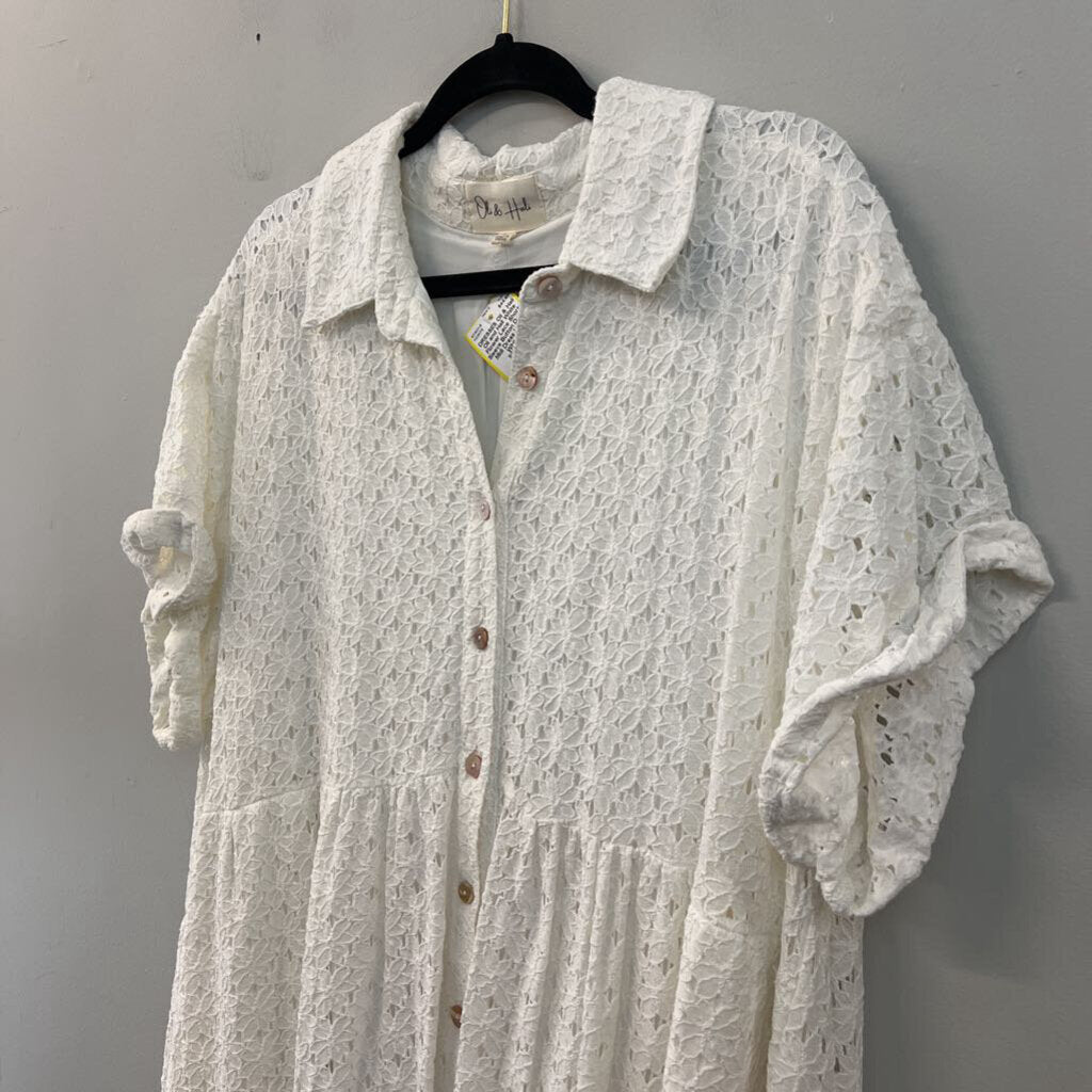 Oli and Hall White Flower Lace Short Sleeve Button Down Midi Dress Large