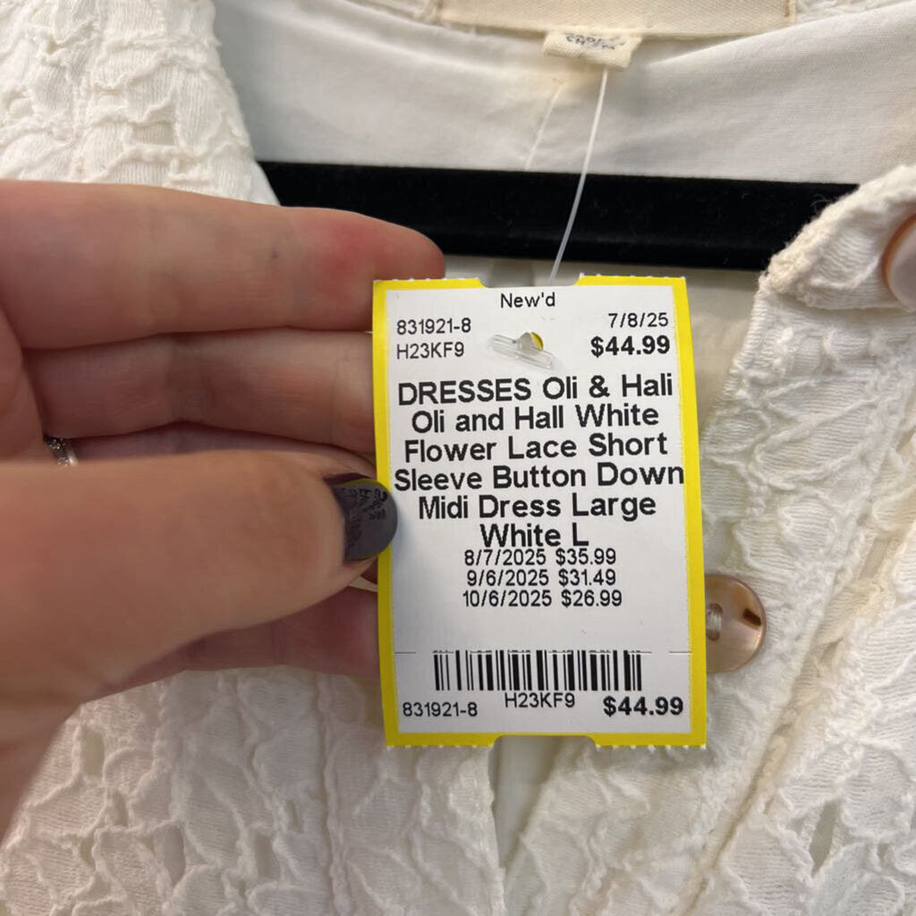 Oli and Hall White Flower Lace Short Sleeve Button Down Midi Dress Large