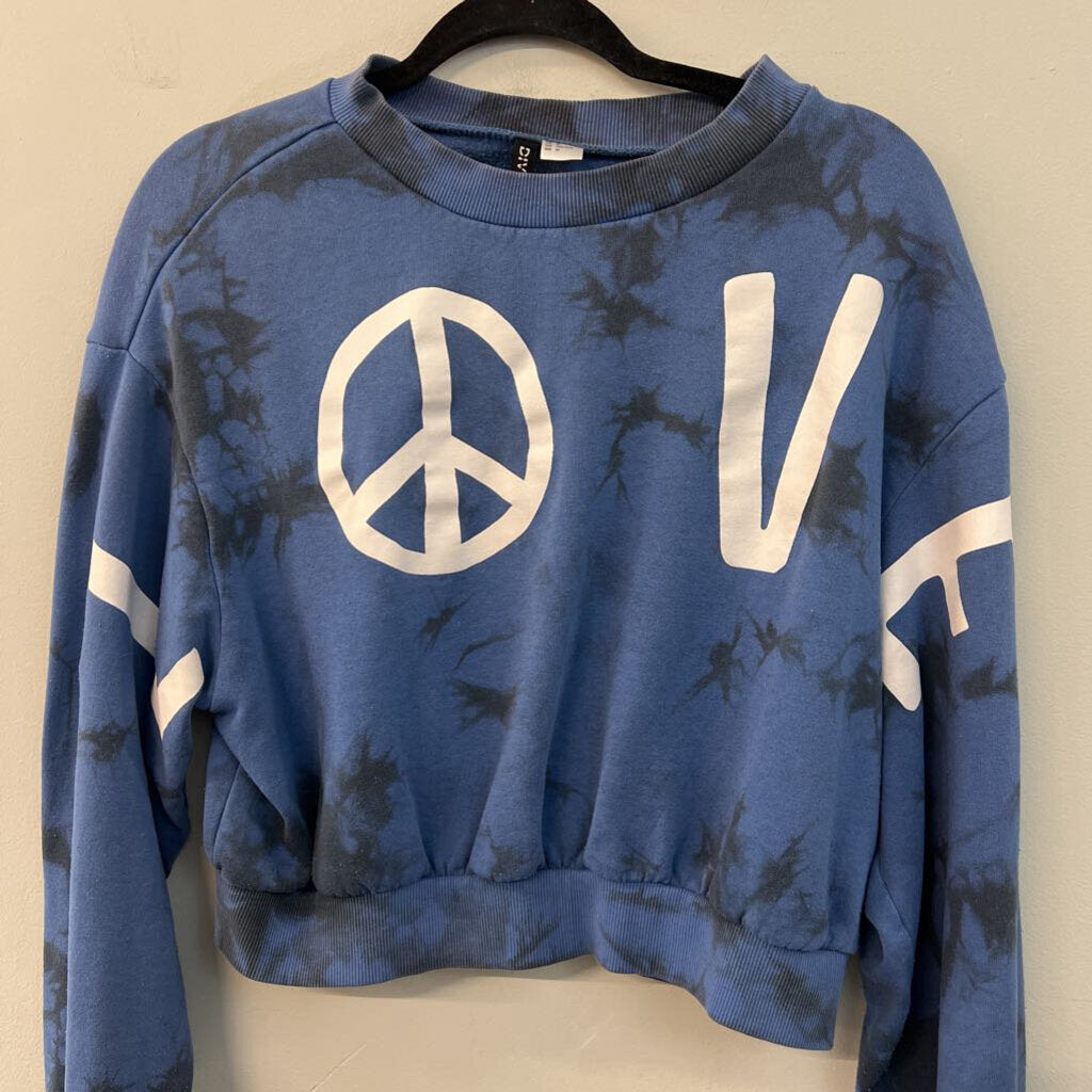 Divided Blue Tie Dye Love Cropped Pullover Medium