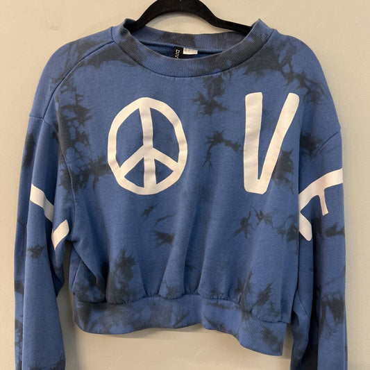 Divided Blue Tie Dye Love Cropped Pullover Medium