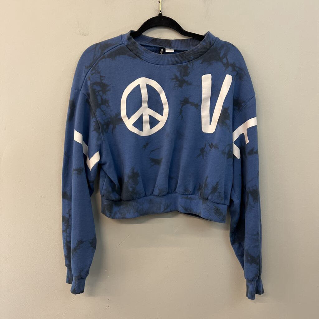 Divided Blue Tie Dye Love Cropped Pullover Medium