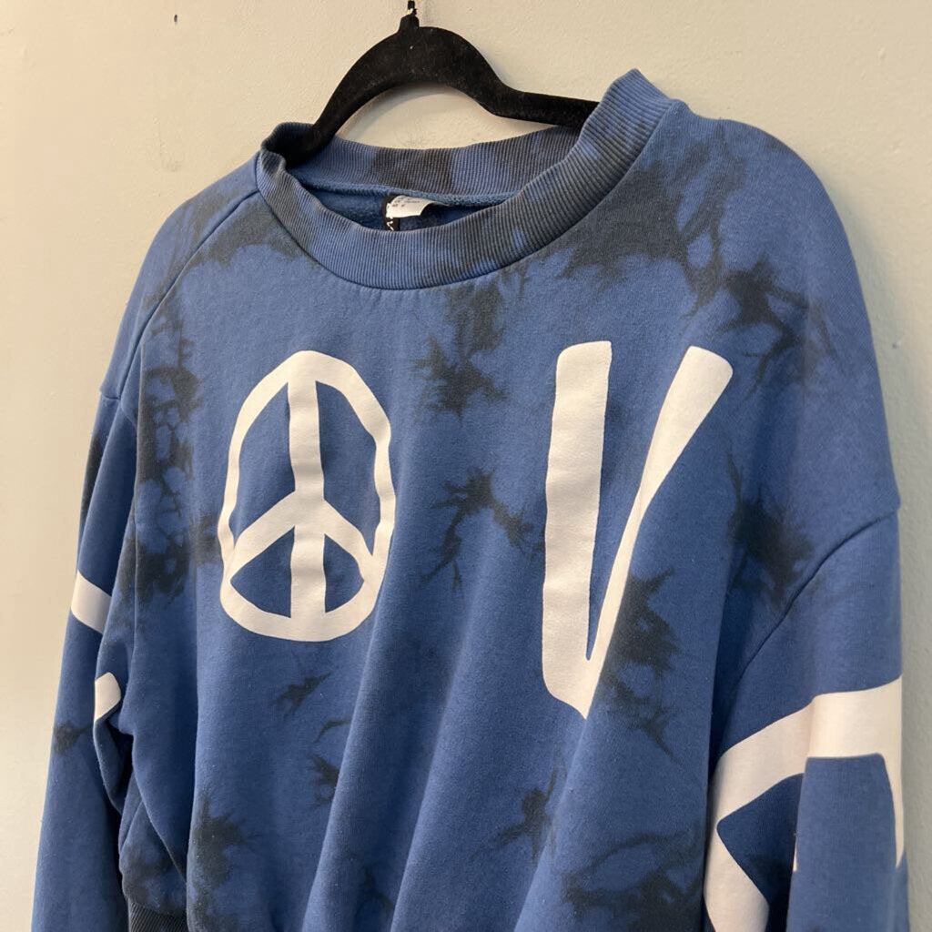 Divided Blue Tie Dye Love Cropped Pullover Medium