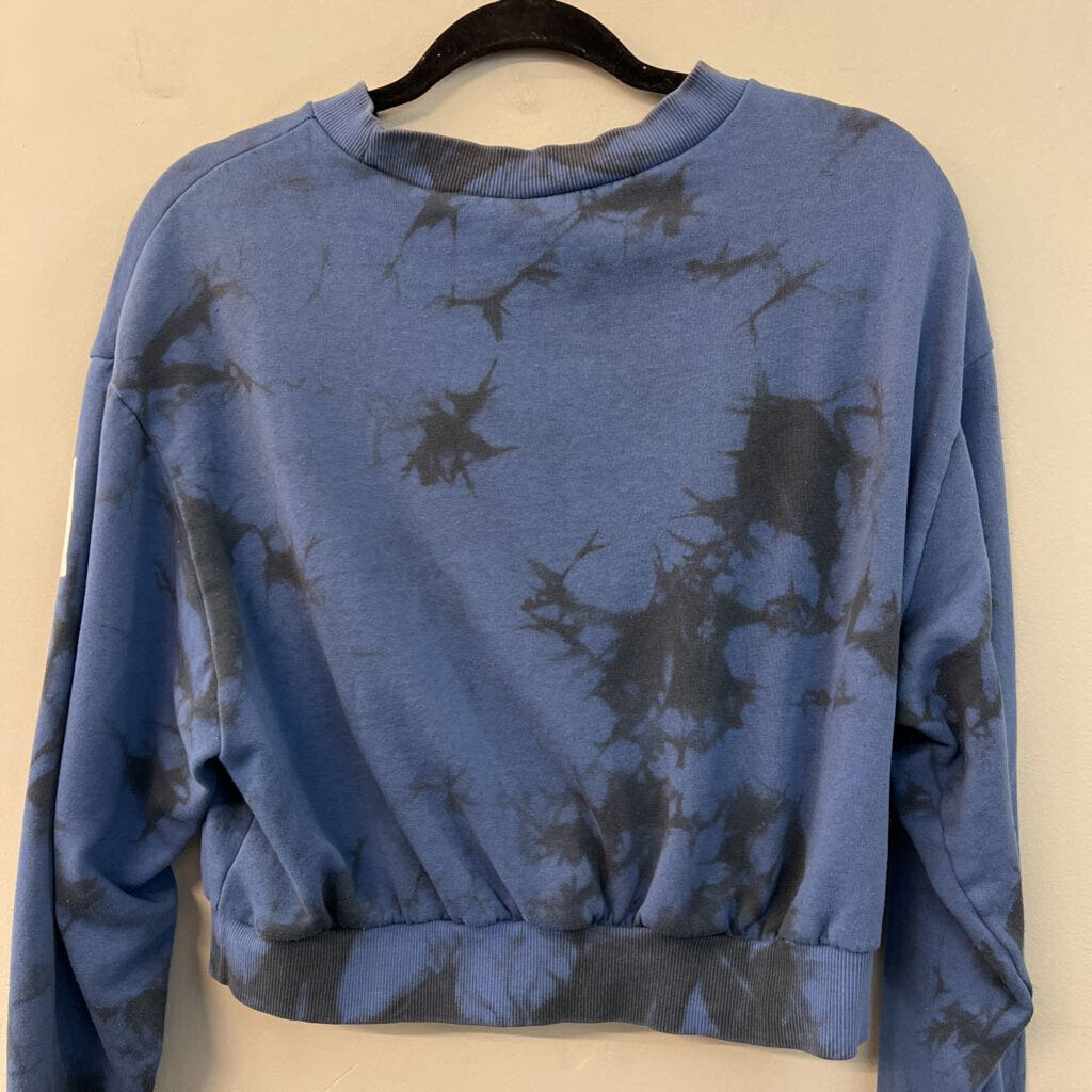 Divided Blue Tie Dye Love Cropped Pullover Medium