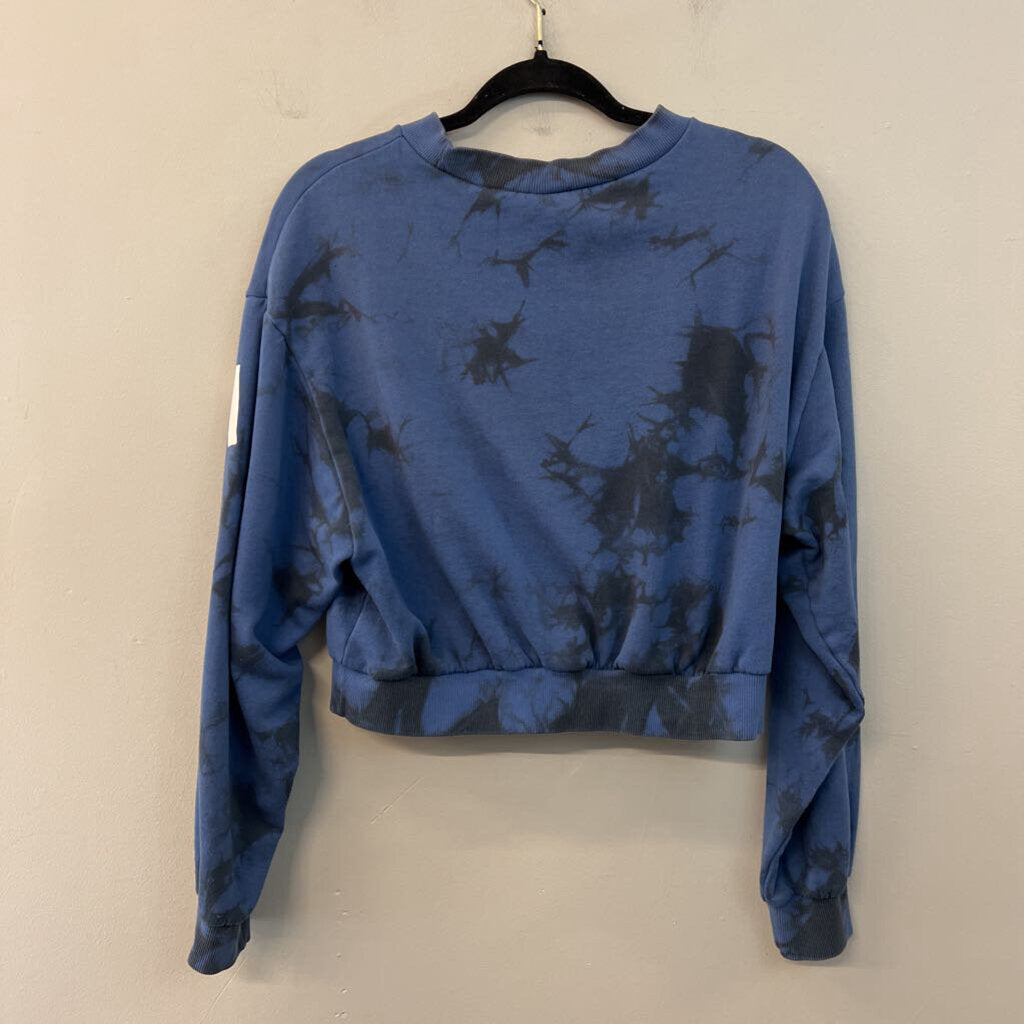 Divided Blue Tie Dye Love Cropped Pullover Medium