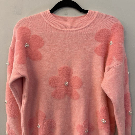 Nanette Lepore Pink Fuzzy Pearl Studded Flower Sweater Small