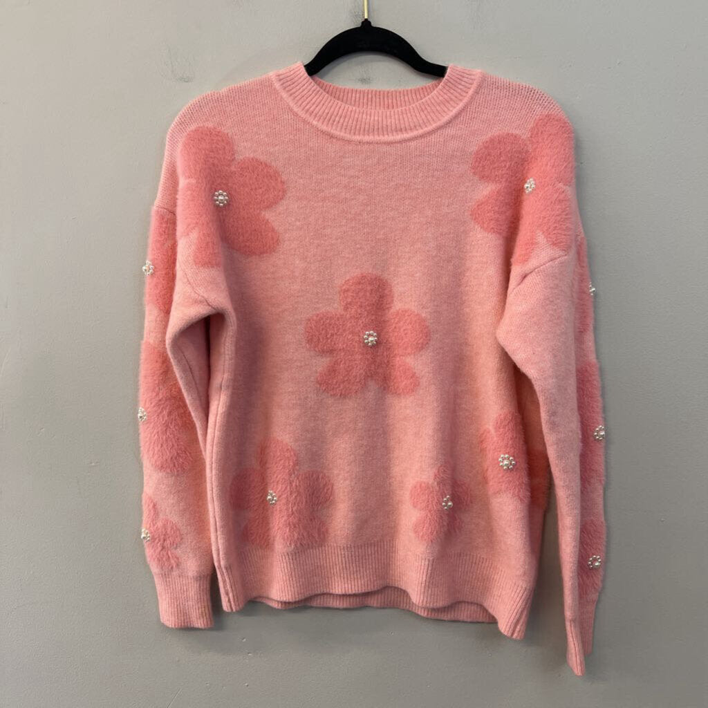 Nanette Lepore Pink Fuzzy Pearl Studded Flower Sweater Small