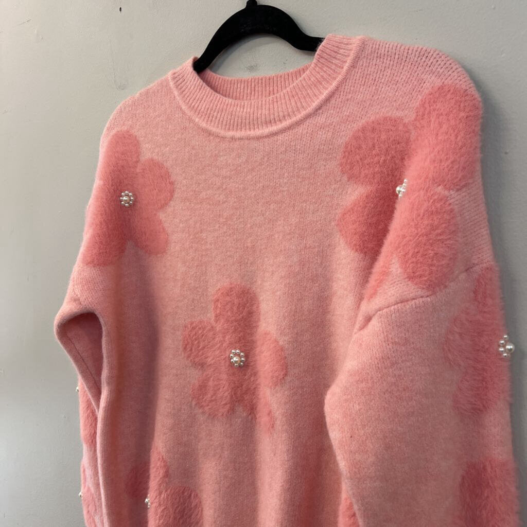Nanette Lepore Pink Fuzzy Pearl Studded Flower Sweater Small