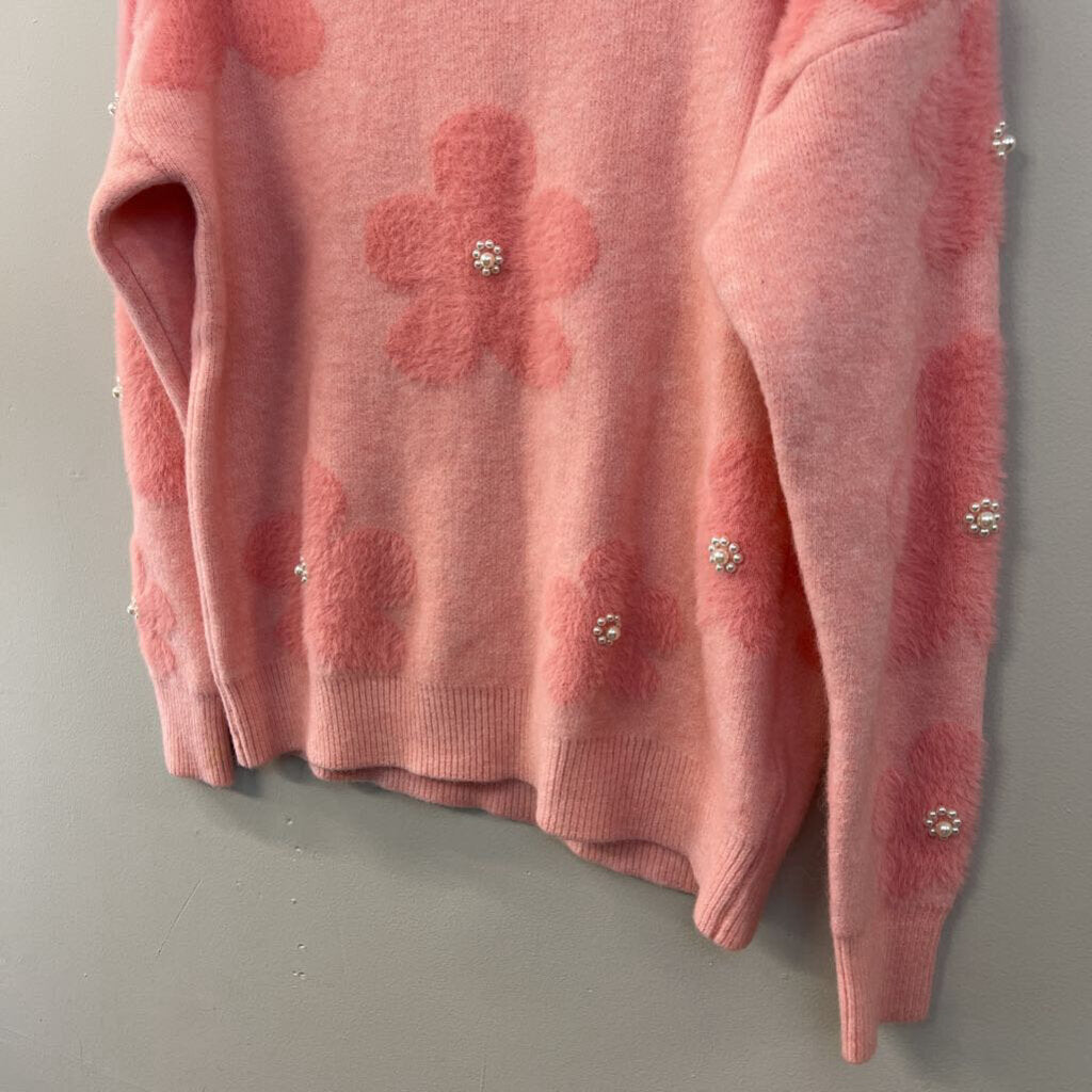 Nanette Lepore Pink Fuzzy Pearl Studded Flower Sweater Small