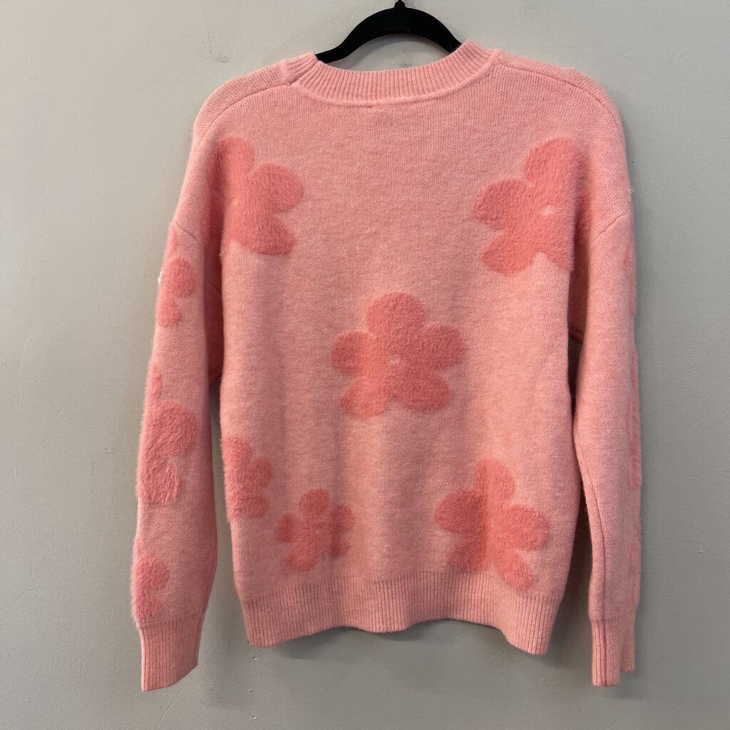 Nanette Lepore Pink Fuzzy Pearl Studded Flower Sweater Small