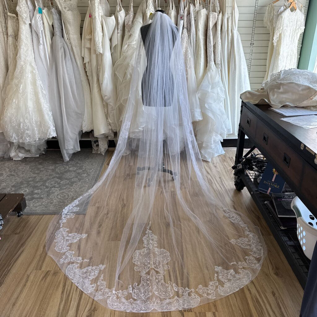 Diamond White Embroidered Lace Edge Cathedral Length Veil