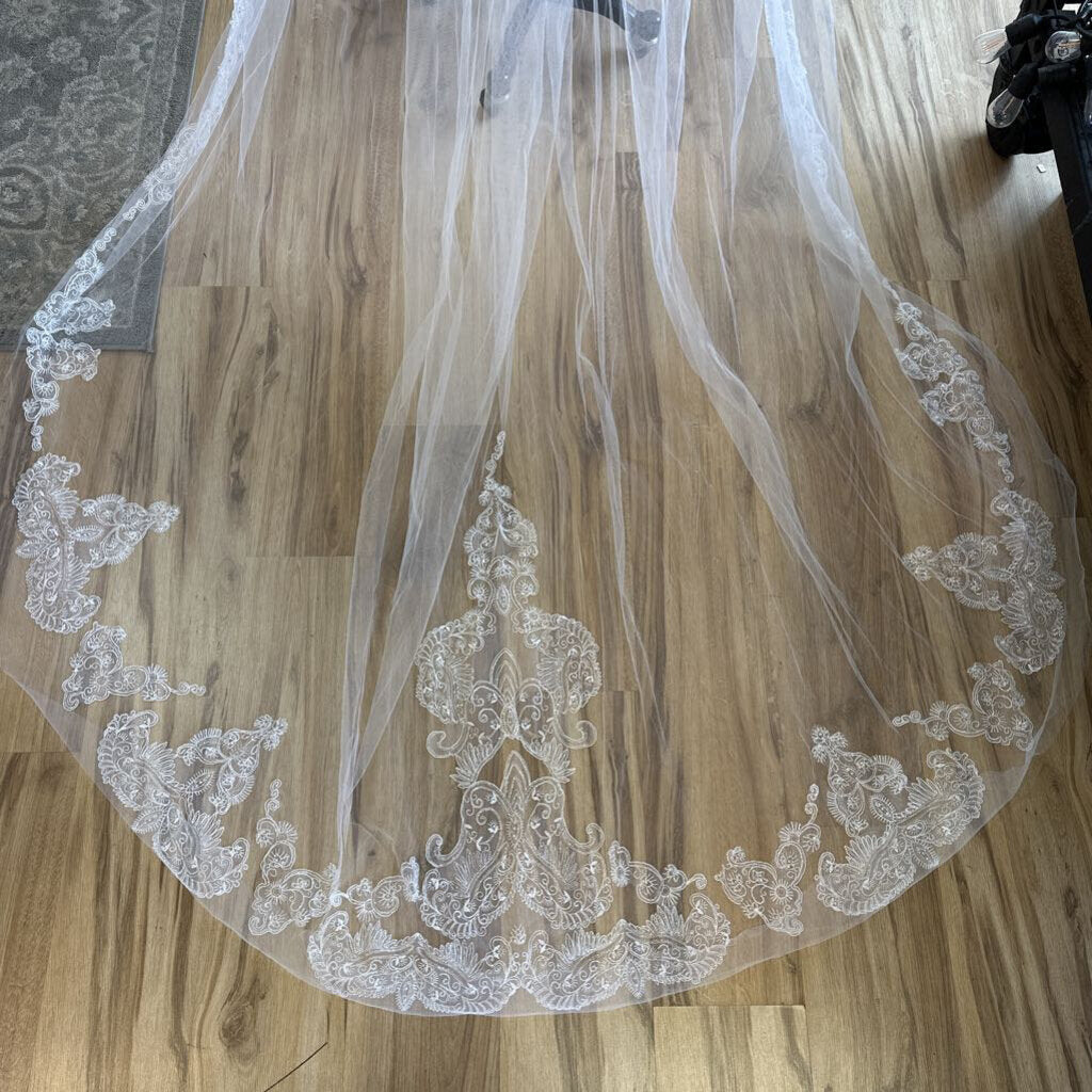 Diamond White Embroidered Lace Edge Cathedral Length Veil