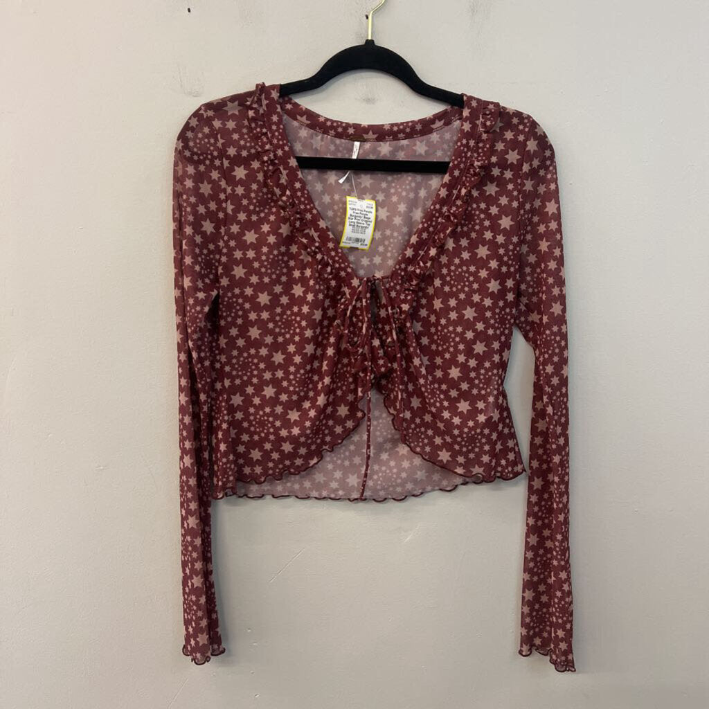 Free People Burgundy/ Beige Star Print Cropped Long Sleeve Top Small