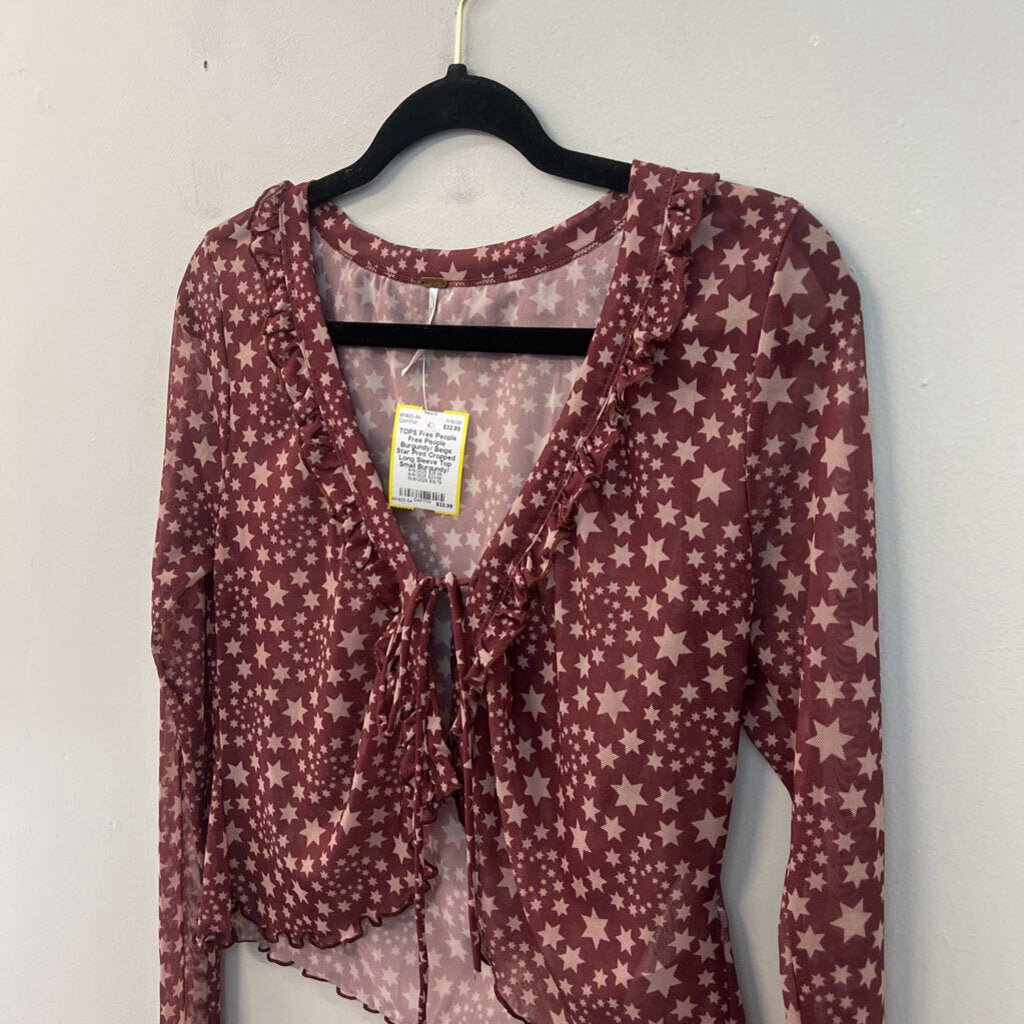 Free People Burgundy/ Beige Star Print Cropped Long Sleeve Top Small