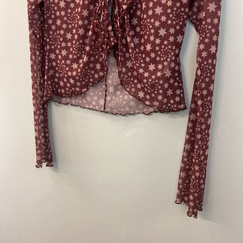 Free People Burgundy/ Beige Star Print Cropped Long Sleeve Top Small