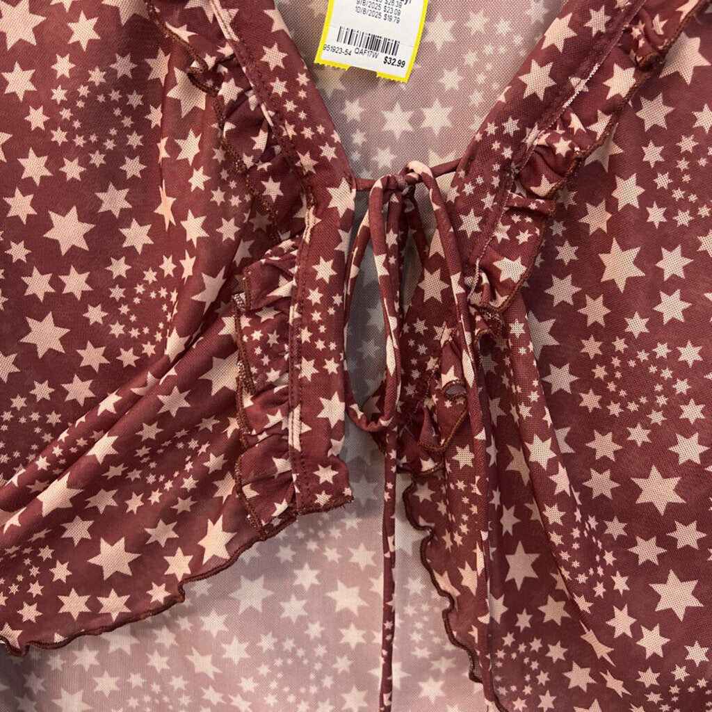 Free People Burgundy/ Beige Star Print Cropped Long Sleeve Top Small