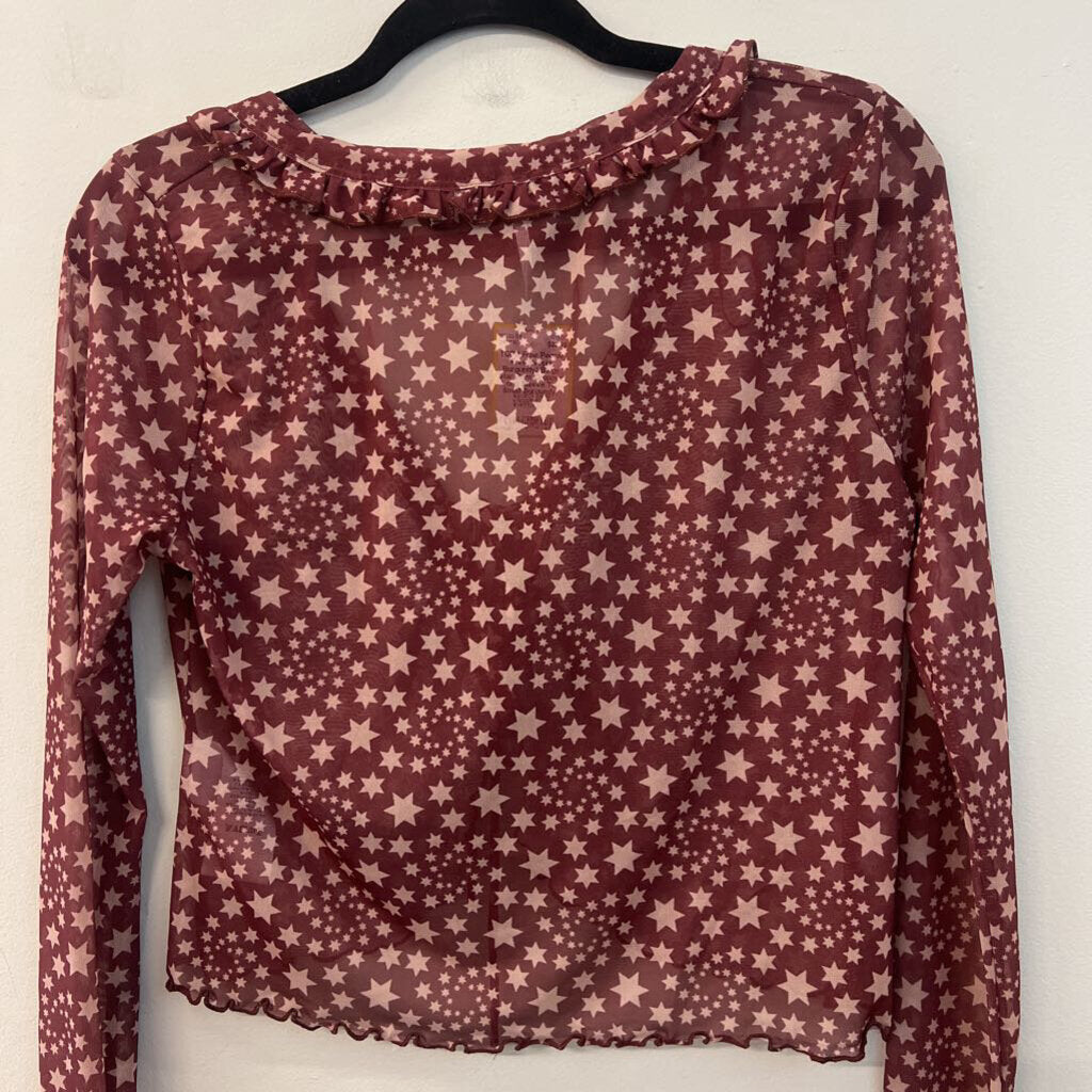 Free People Burgundy/ Beige Star Print Cropped Long Sleeve Top Small