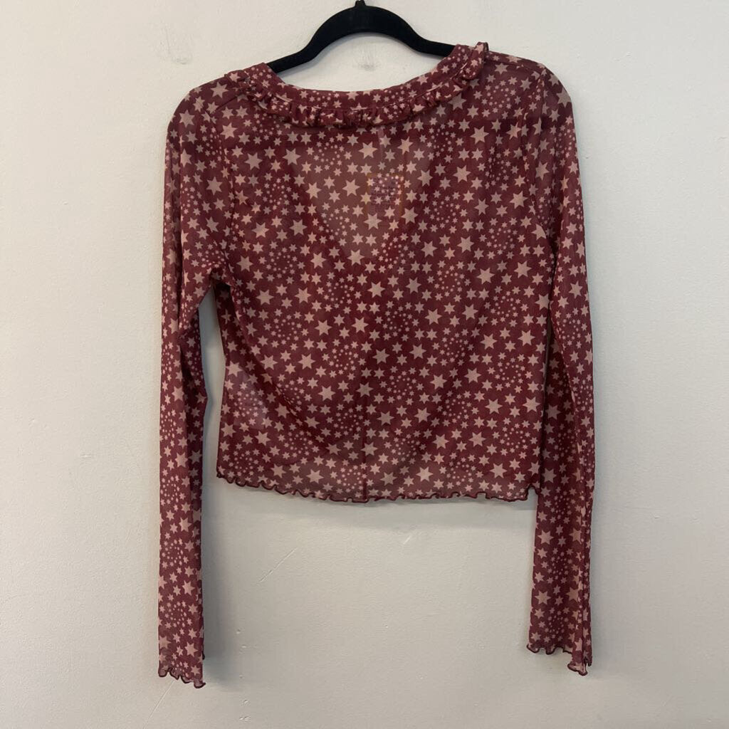 Free People Burgundy/ Beige Star Print Cropped Long Sleeve Top Small