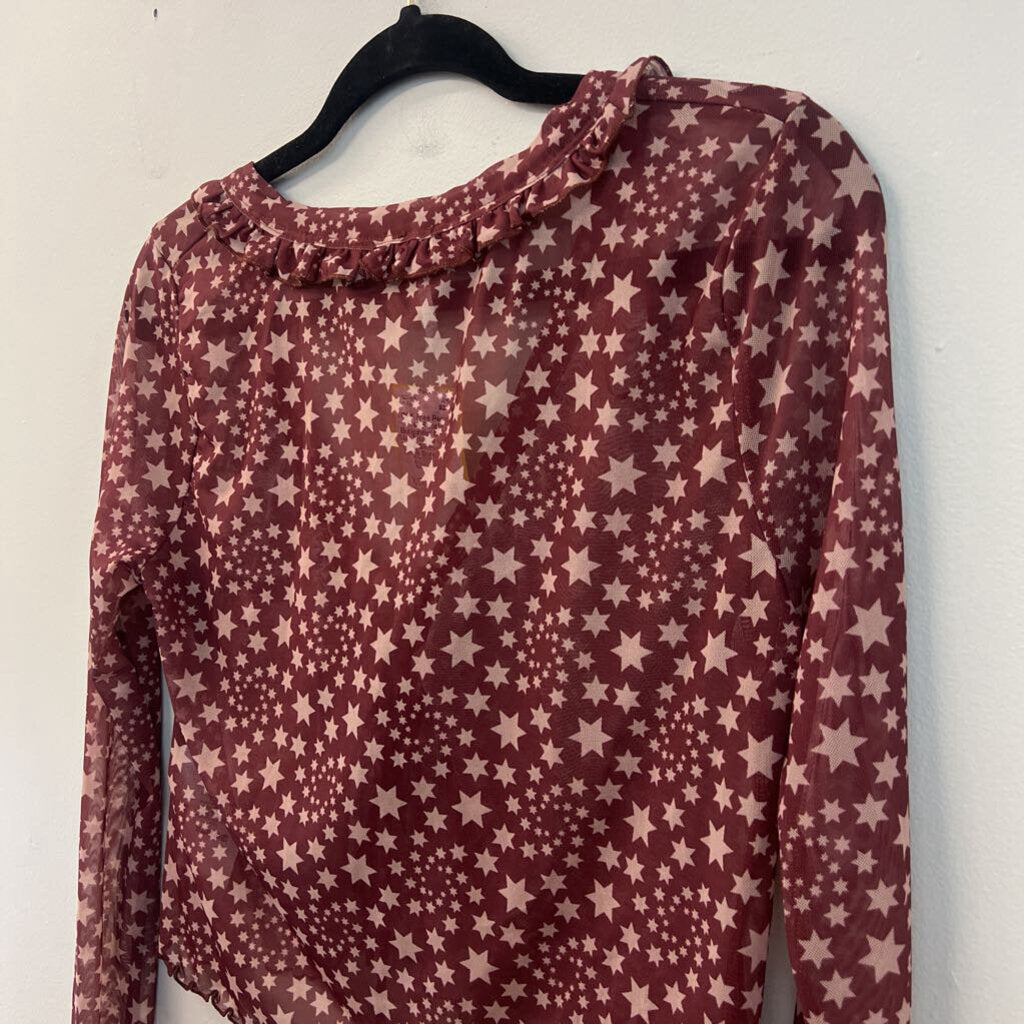 Free People Burgundy/ Beige Star Print Cropped Long Sleeve Top Small