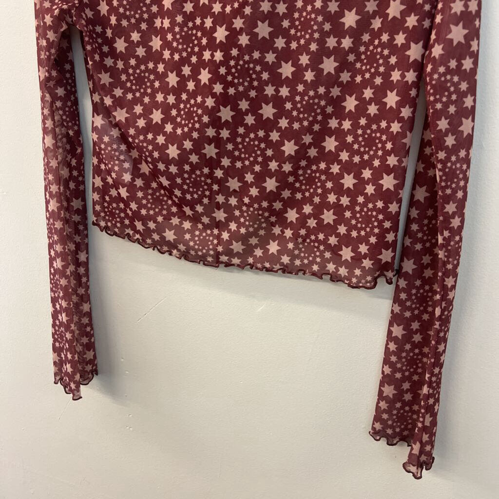 Free People Burgundy/ Beige Star Print Cropped Long Sleeve Top Small