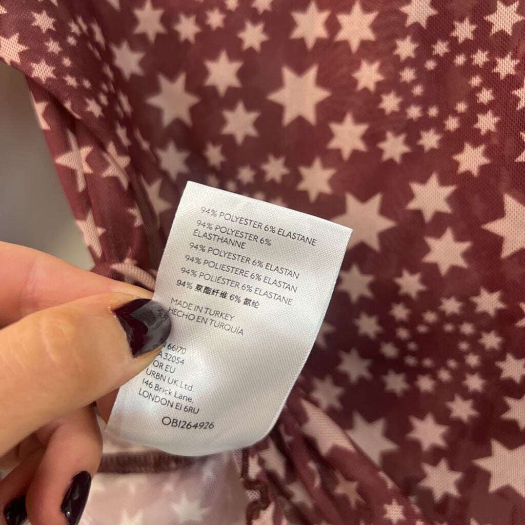 Free People Burgundy/ Beige Star Print Cropped Long Sleeve Top Small