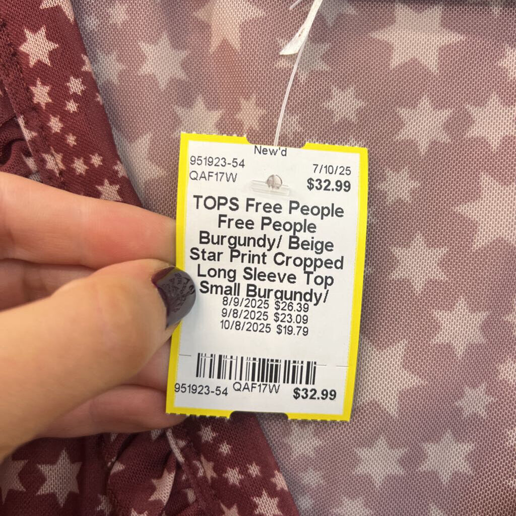 Free People Burgundy/ Beige Star Print Cropped Long Sleeve Top Small