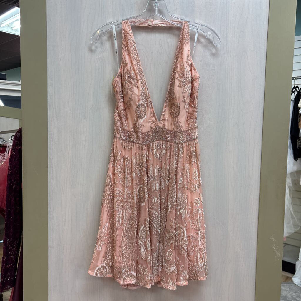 Sherri Hill Pink Beaded Print Halter Neck Short Formal Dress 2